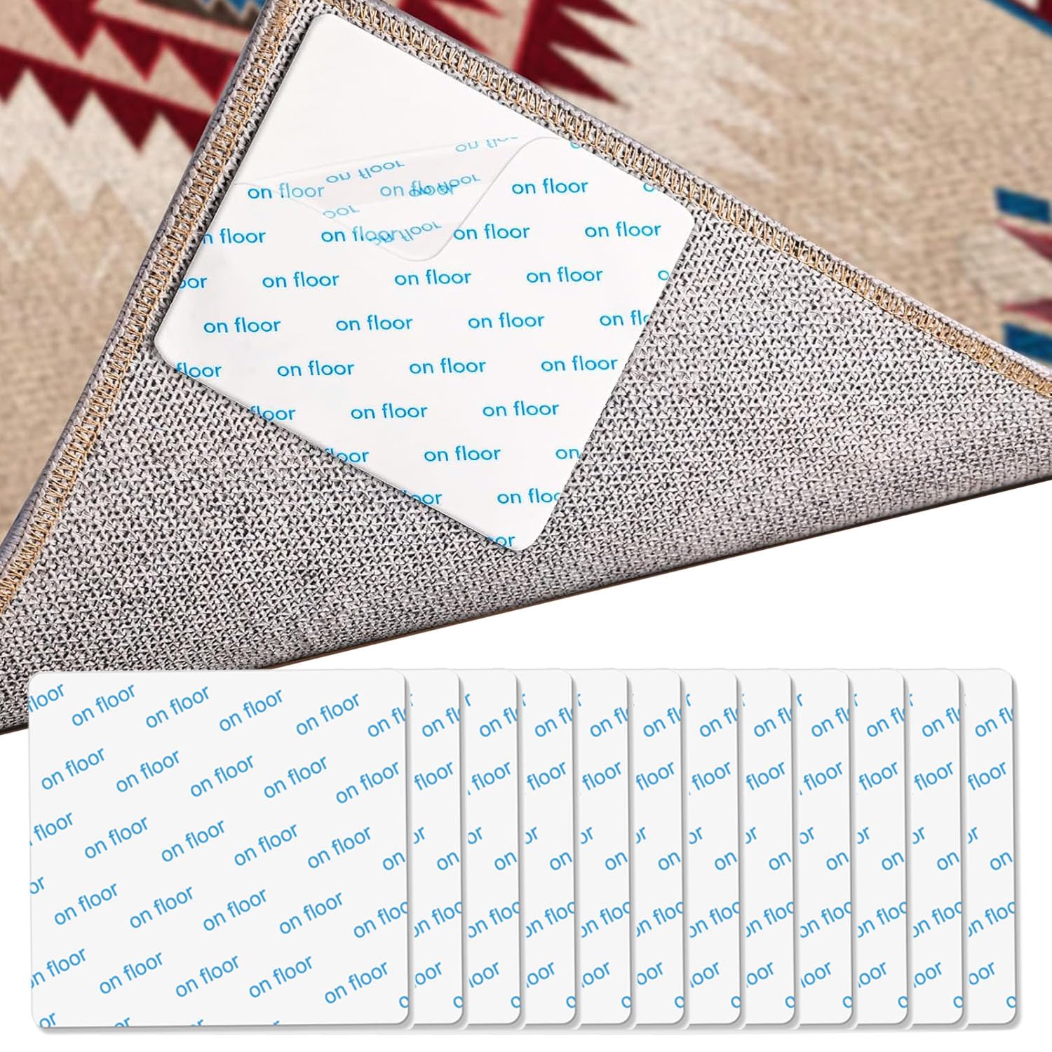 Rug Grippers, 12 Pieces Anti Slip Rug Grips, Rug Stickers for Wooden and Hard Floors, Washable Carpet Tape Reusable Rug Anti Slip Pads, White Square 10 x 10 cm