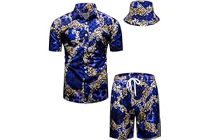 fohemr Mens Luxury Outfit Set Black Gold Shirts And Shorts 2 Piece Tracksuit Set Baroque Button Down Suit with Bucket Hats