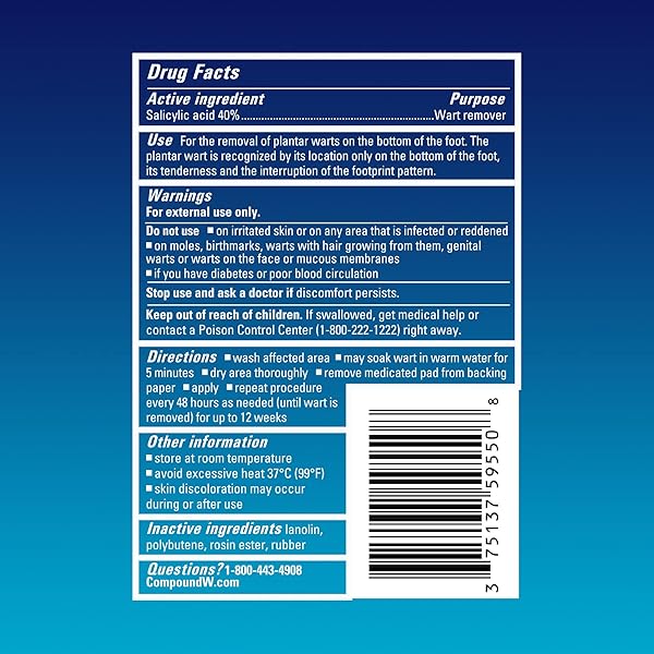 COMPOUND W MAXIMUM STRENGTH ONE STEP PLANTAR WART FOOT PADS WITH SALICYLIC ACID, SELF-ADHESIVE, CUSHIONED AND WATERPROOF PLANTAR WART TREATMENT, 20 COUNT