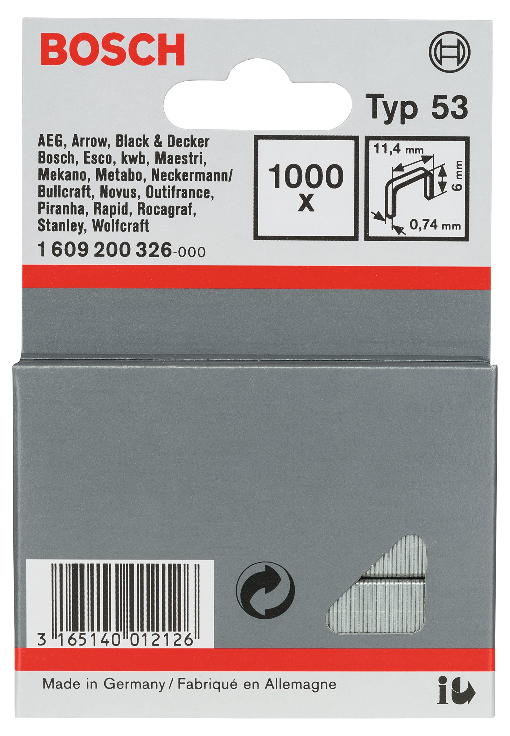 Bosch Professional 1000x Fine Wire Staple Type 53 (Natural Materials, Textiles, Carton, 11.4 x 0.74 x 6 mm, Accessories Tacker, Staple Gun)