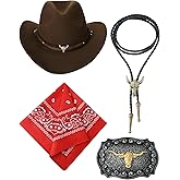 Toulite 4 Pcs Western Cowboy Accessories for Men Cowboy Hat Leather Rodeo Leather Necktie Cow Horn Belt Buckle Paisley Bandana for Western Outfit Halloween Cosplay