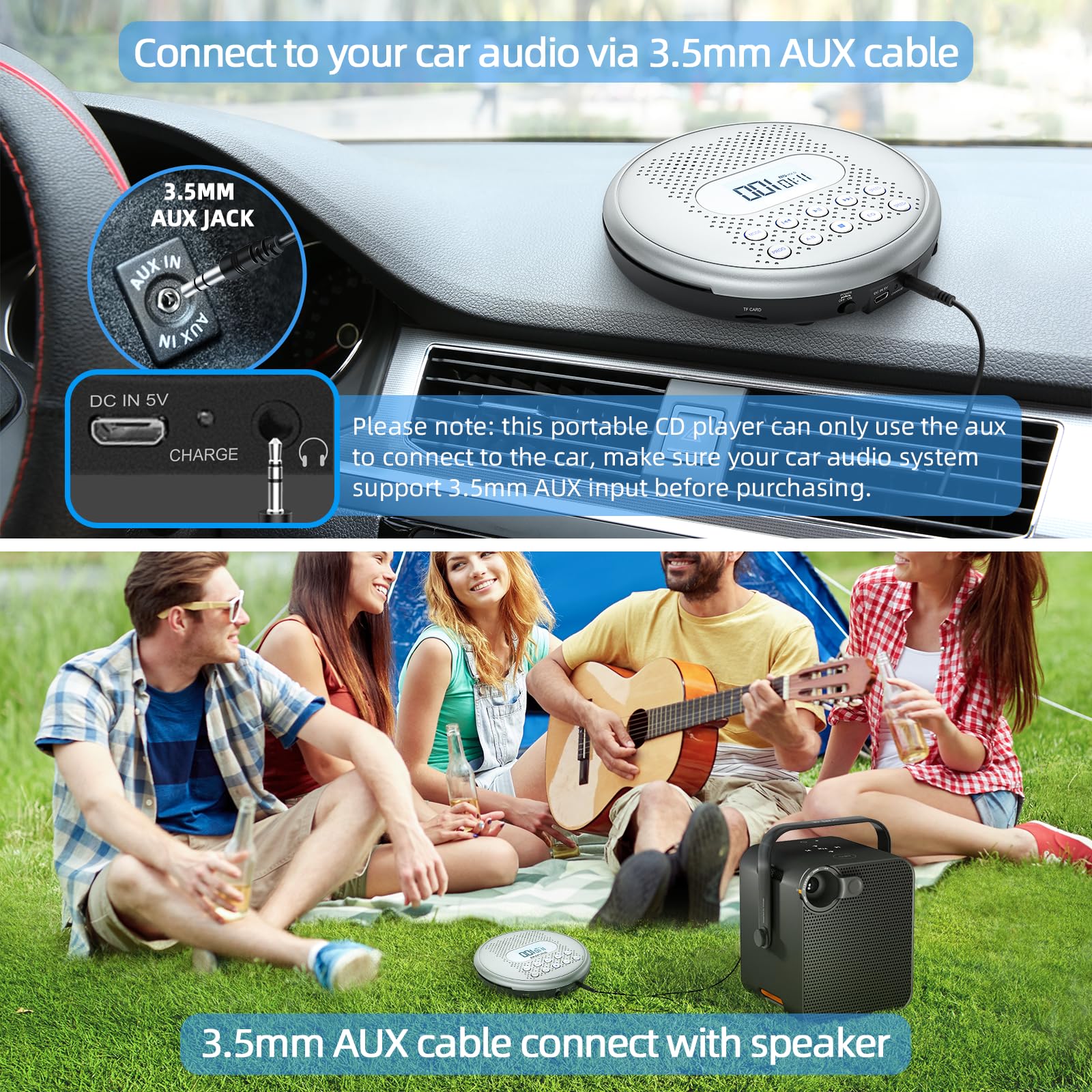 ARAFUNA CD Player Portable, Rechargeable Portable CD Players for Car with Speakers, Anti-Skip Small CD Player with Backlit Button, LCD Display and AUX Cable