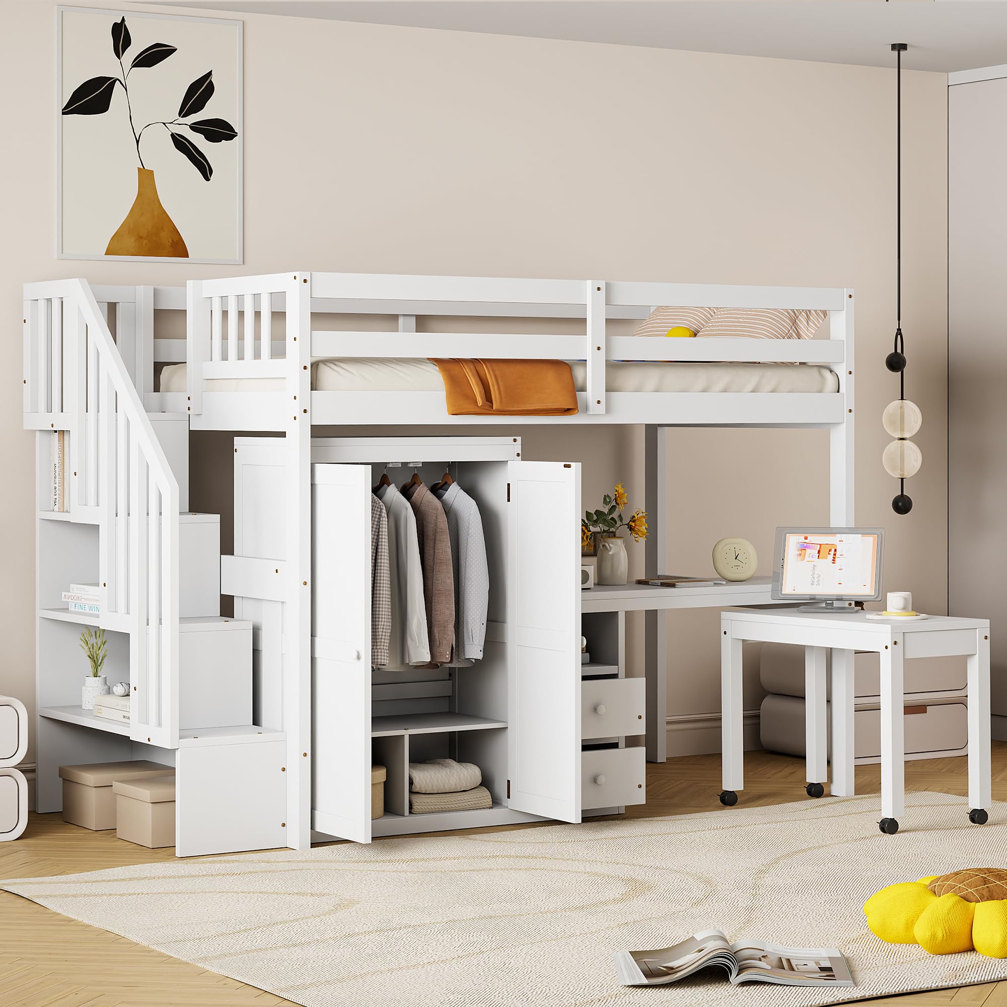 Photo 1 of ***BOX 2 0F 3***
Merax Kids Twin Multifunction Loft Bed with Desk/Wardrobe, Wood Storage Loft Bed with Staircase, Bookshelf & Drawers, No Box Spring Needed, Space Saving, White