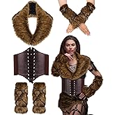 Cuffbow 10 Pc Viking Costume Set, Faux Fur Collar, Fur Leg Warmers, Lace Up Waist Belt for Men Women Halloween Party