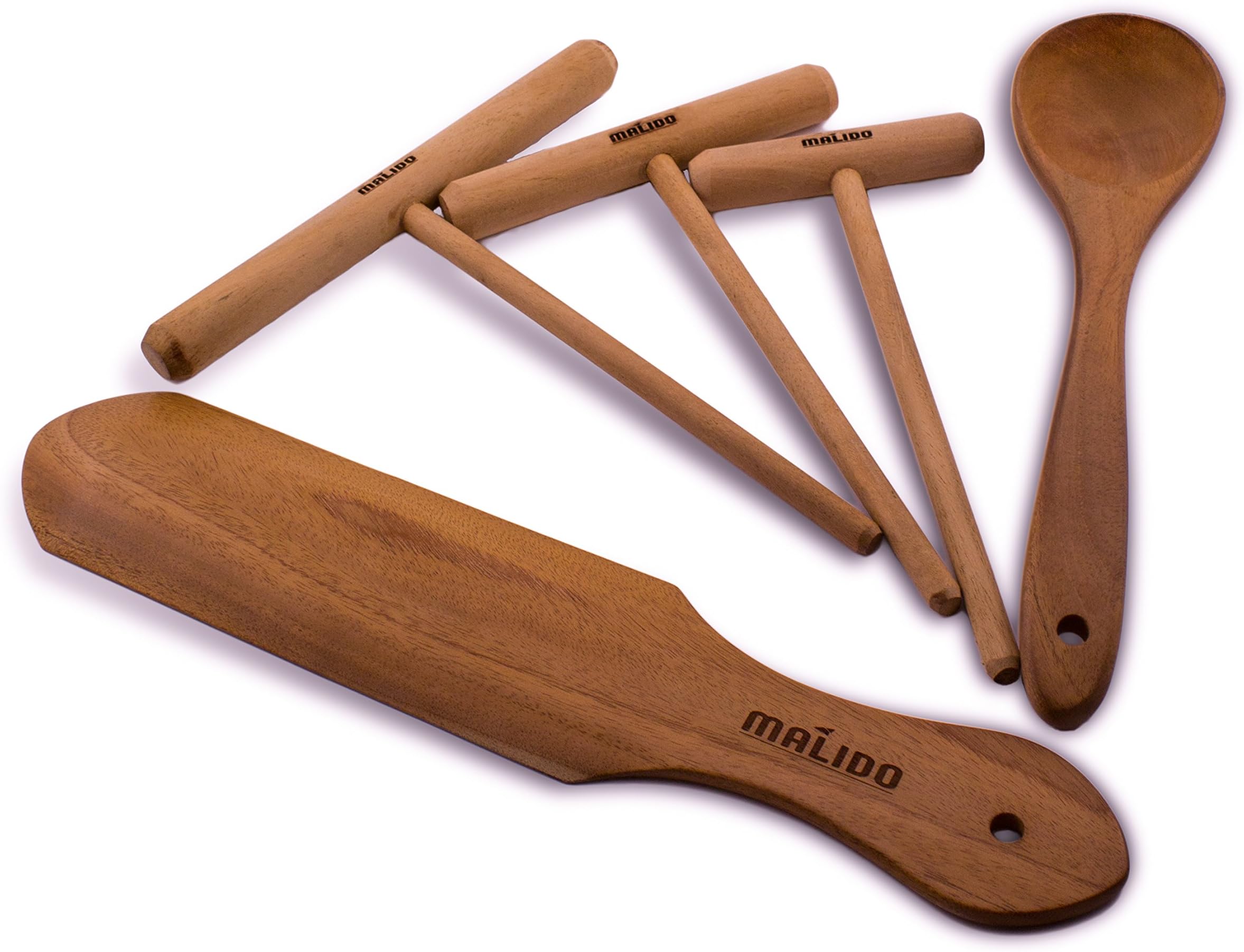 Premium Crepe Making Kit 5-Piece Set of Batter Spreader, Spatula and Ladle (3 Sizes of Spreaders, Spatula with Super Thin Edges, 1.7 oz Ladle - All Natural Mahogany Wood)