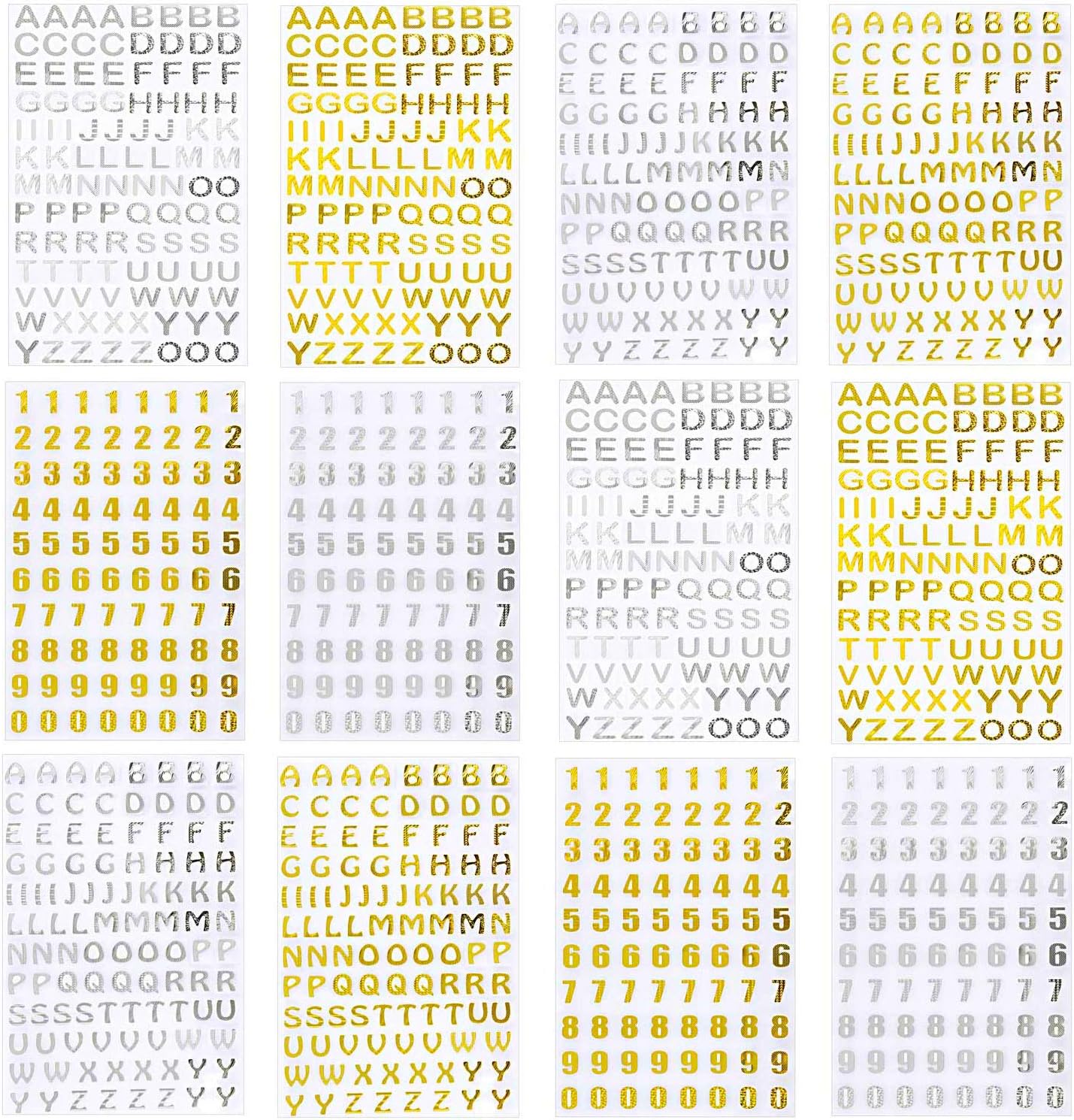 Ourart 12 Sheets Glitter Letter Gift Self Adhesive Alphabet and Number Stickers, Gold and Silver