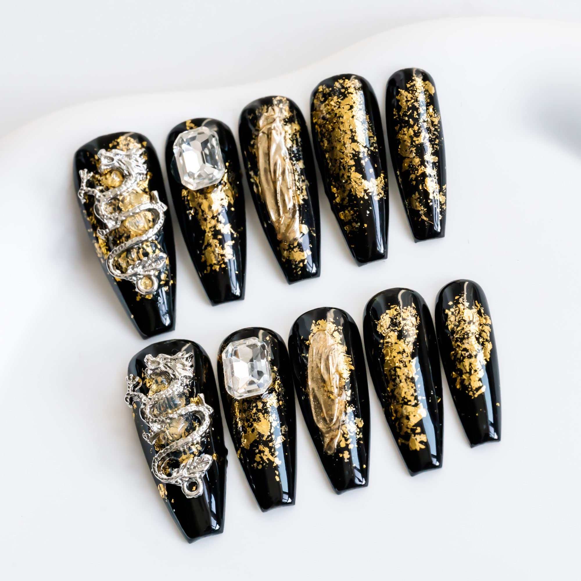 Sun&Beam Nails Handmade Long Coffin Ballerina Black Gold False Nail Tips with Cute 3D Dragon Popular Charm Design Press On Nails 10 Pcs (#52 L) — image 1
