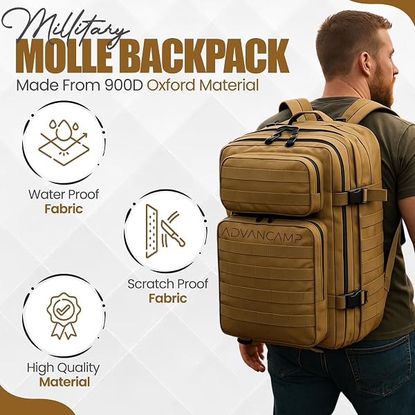 ADVANCAMP 45L MILITARY TACTICAL BACKPACK LARGE DAY PACK FOR MEN – MOLLE RUCKING ASSAULT RUCKSACK, HEAVY-DUTY WATER-RESISTANT BAG FOR HIKING, GYM, TRAVEL & OUTDOOR ADVENTURES – KHAKI