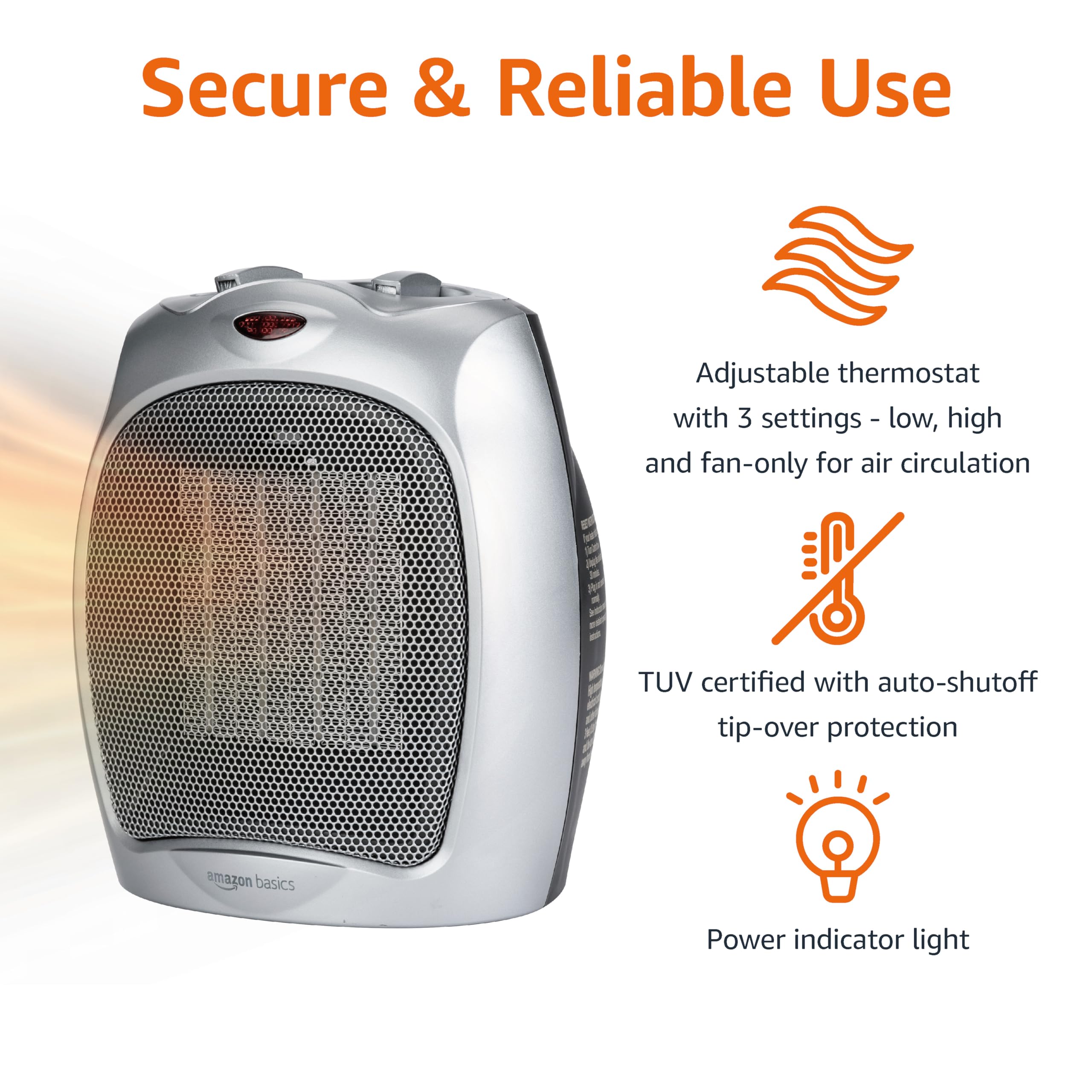 Amazon Basics Ceramic Space Heater, Portable Indoor Heating Solution, With Overheat and Tip-Over Protection, Thermostat, Non-Oscillating, 1500W, 7.52