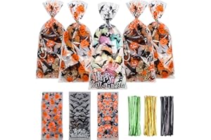 LOKIPA Halloween Cellophane Treat Candy Bags, 150 Pieces - Gift Goody Snack Sweet Bags with Twist Ties for Party Supply (3 Styles)