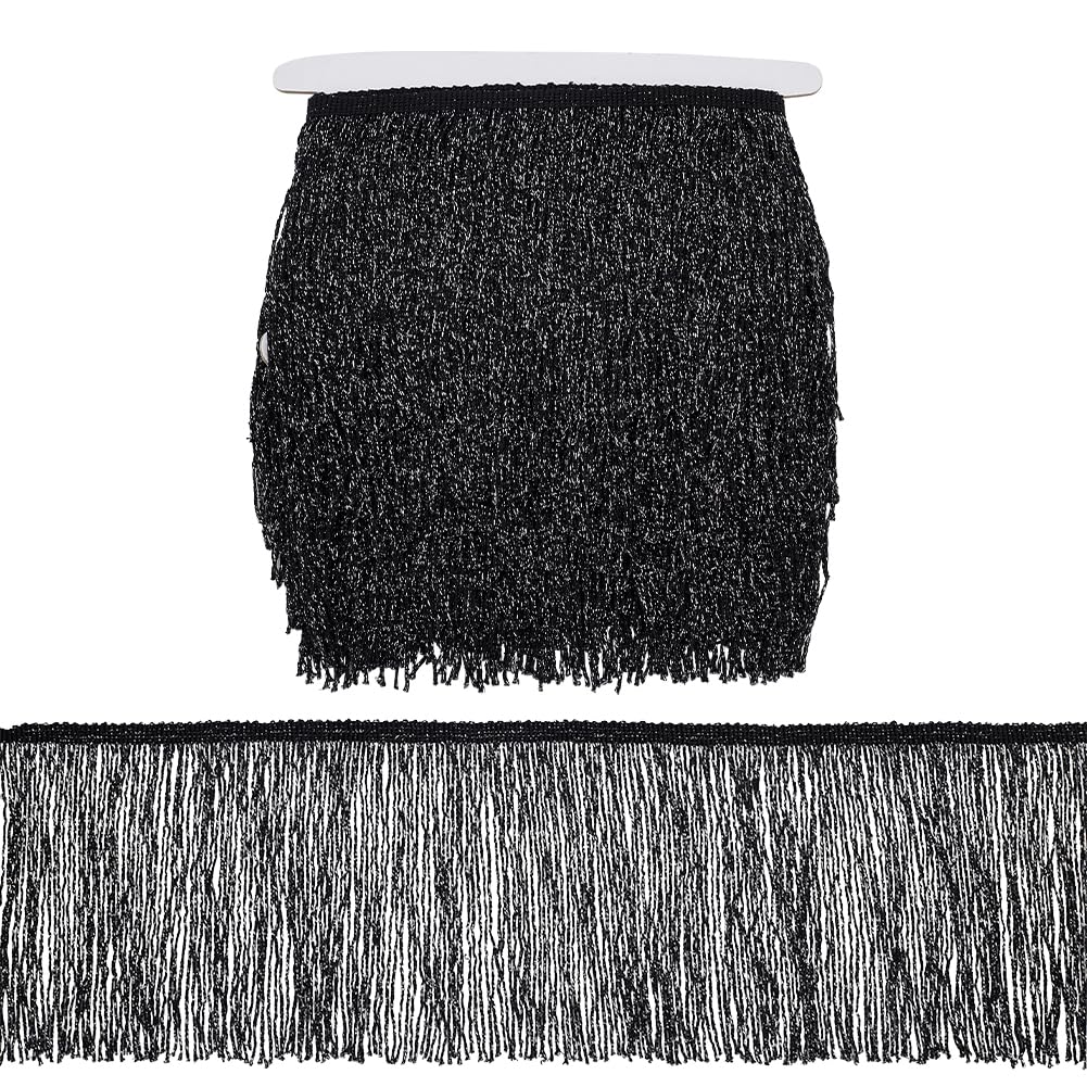 FINGERINSPIRE 5.47 Yards/5M Metallic Black Polyester Tassel Lace Trim for Multiple Occasions