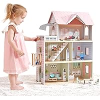 Giant bean Large Pink Wooden Dollhouse for Girls with Furniture, Doorbell, Light, Elevator,15 Pcs Furniture 3 Dolls, 6 Rooms 