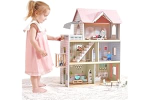 Giant bean Large Pink Wooden Dollhouse for Girls with Furniture, Doorbell, Light, Elevator,15 Pcs Furniture 3 Dolls, 6 Rooms 