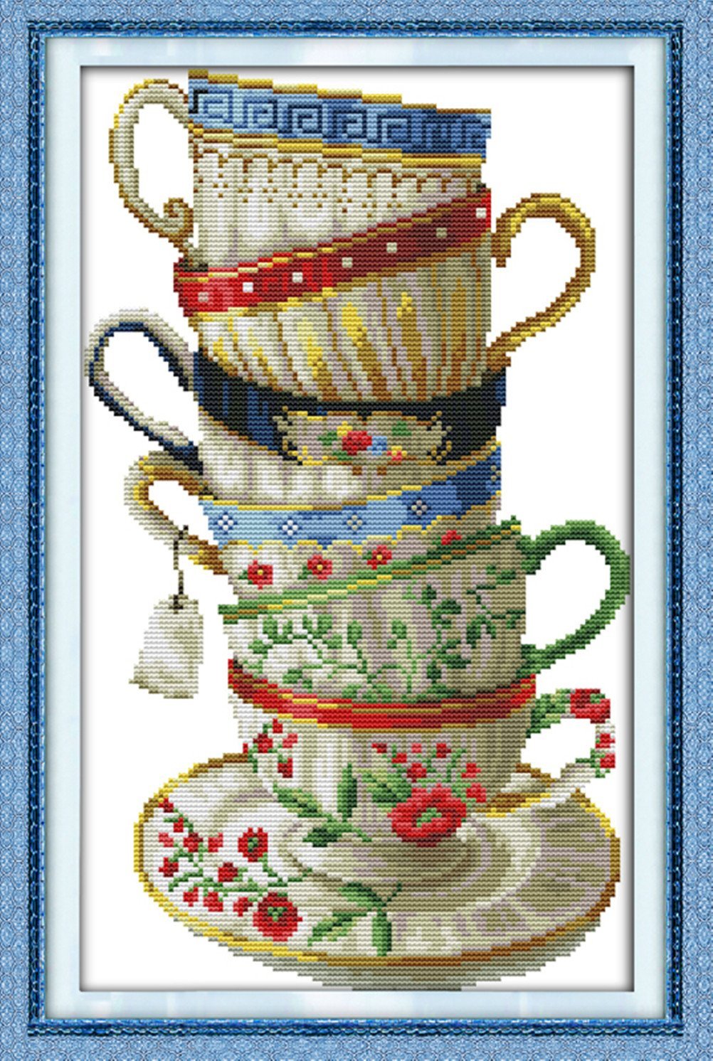 YEESAM ART Unstamped Cross Stitch Kits for Adults, Exquisite Coffee Cups Tea Cups 14ct Counted Unprinted Embroidery Kit Needlework Wall Art Decor