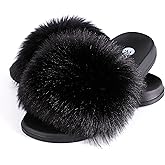 HIPRETTYUS Women's Faux Fur Slides, Open Toe Cute Fur Slippers, Indoor or Outdoor Comfortable Furry Slide Sandals With Fluffy Fur
