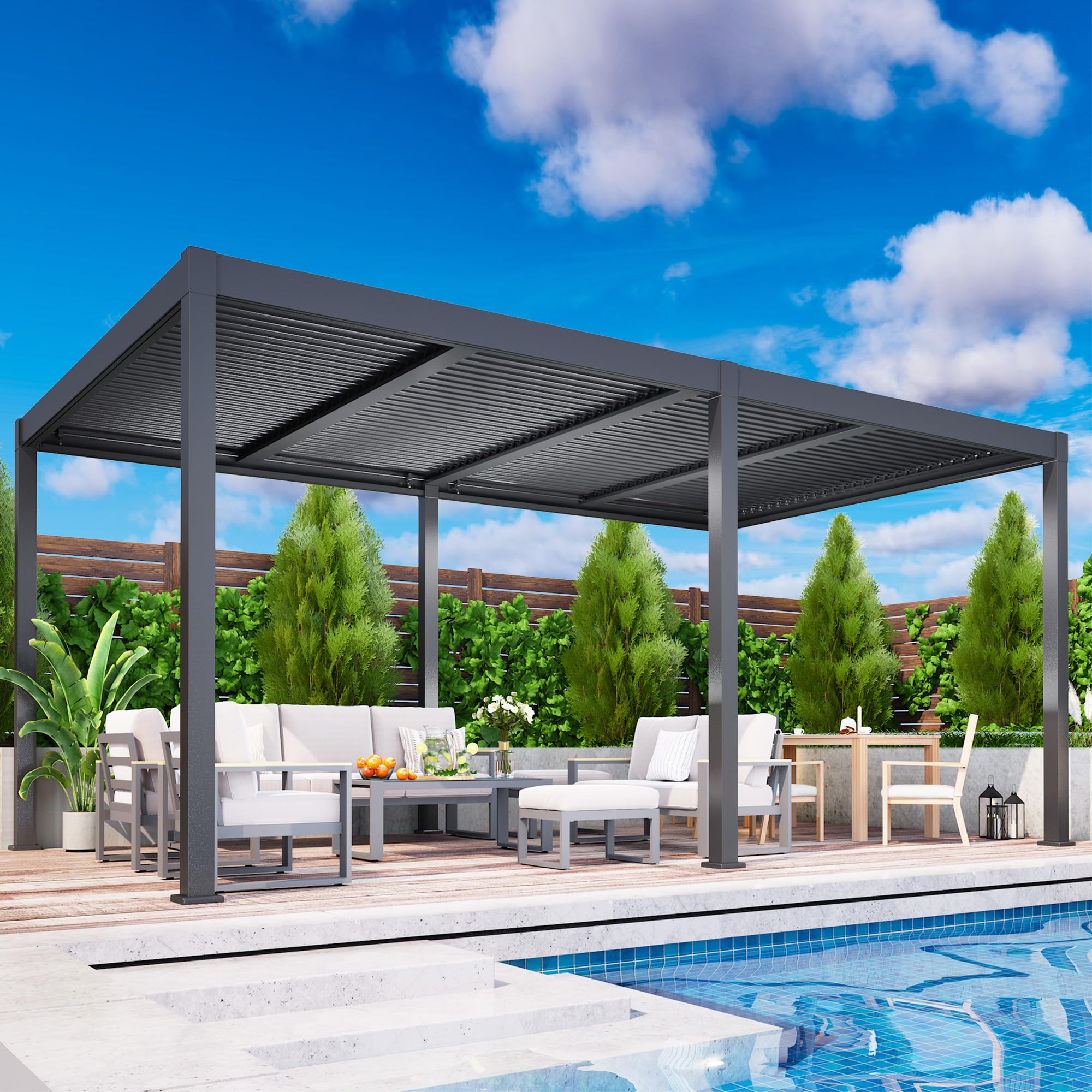 Photo 1 of Louvered Pergola 12'x20', Full Aluminum Outdoor Pergola with Adjustable Rainproof and Gutter System, Hardtop Gazebo for Patio, Deck, Garden, Yard, Dark Gray