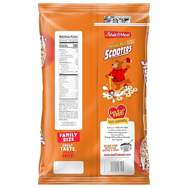 MALT-O-MEAL HONEY NUT SCOOTERS BREAKFAST CEREAL, OAT CEREAL O’S WITH HONEY FLAVOR, LARGE CEREAL FOR FAMILY, 24.5 OZ RESEALABLE CEREAL BAG