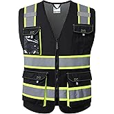 JKSafety Hi Vis Reflective Safety Vests for Men Women High Visibility Vest with Pockets Mesh Fabric Construction Safety Apparel Neon Vest for Work (220-Black XL)