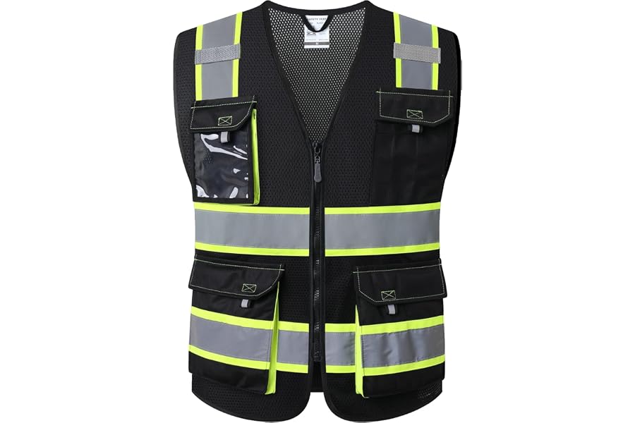 JKSafety Safety Vest for Men Women Hi Vis Reflective Vest JK220 Black L | 5 utility Pockets 4 Reflective Strips High Visibility Mesh Fabric Construction Safety Apparel Neon for Work