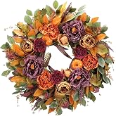 26 Inch Fall Wreath for Front Door, Large Autumn Harvest Wreath with Purple Peony, Pumpkin & Berries, Full and Lush Thanksgiving Wreath for Front Porch, Indoor Outdoor Farmhouse Seasonal Decor