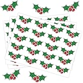 JarThenaAMCS Christmas Holly Berry Stickers Glitter Paper Decals Red Green Self-Adhesive Stickers for Envelopes Scrapbook Gifts DIY, 200 Pcs,1.5 in
