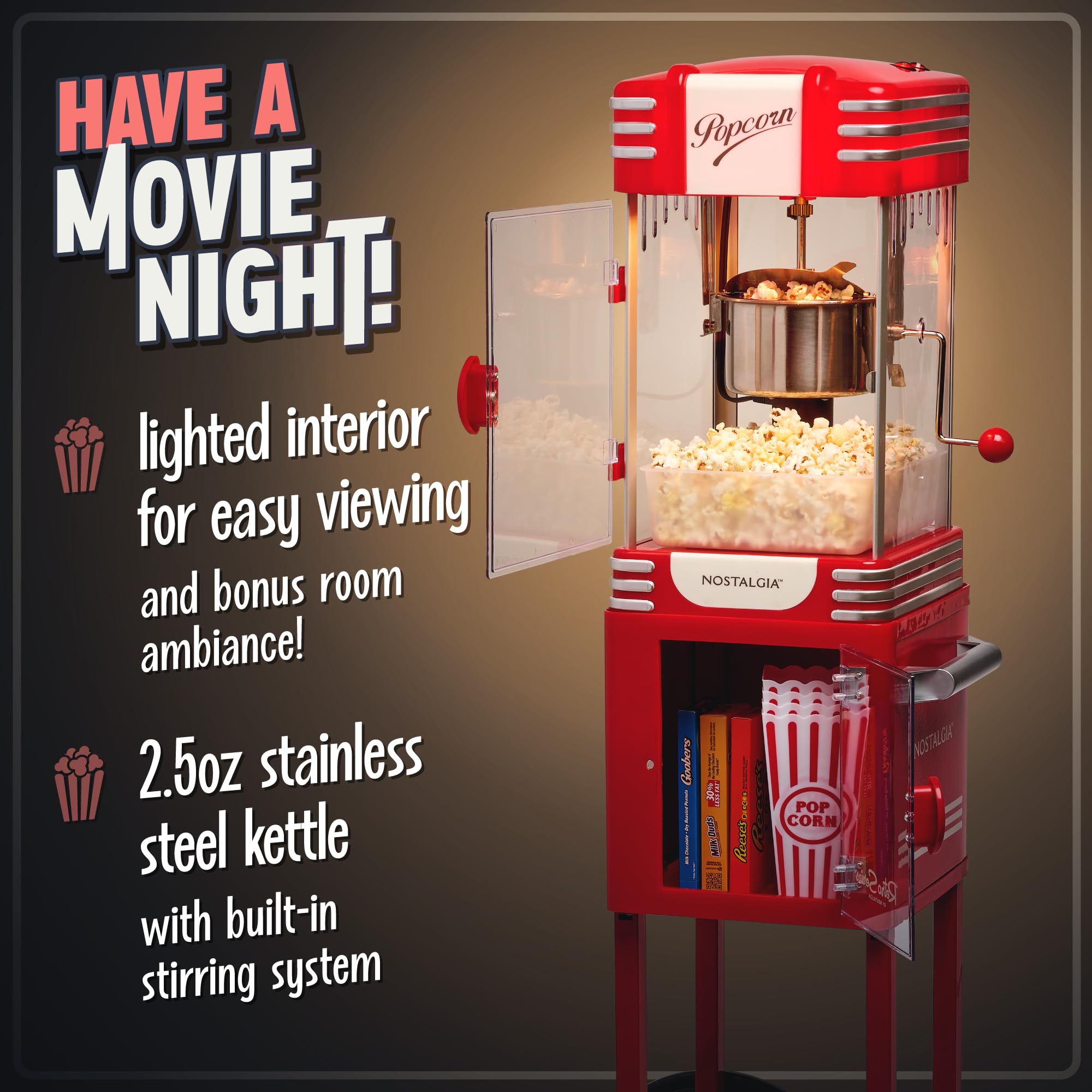 Nostalgia Popcorn Maker Machine - Professional Cart With 2.5 Oz Kettle Makes Up to 10 Cups - Vintage Popcorn Machine Movie Theater Style - Retro Red