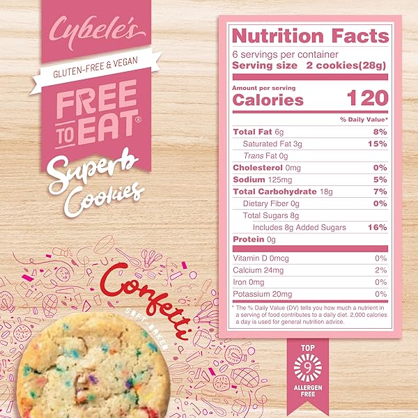 CYBELE’S FREE TO EAT GLUTEN-FREE & VEGAN COOKIES – PLANT-BASED, DAIRY, SOY, & NUT FREE – SOFT-BAKED SCHOOL SAFE SNACK FOR KIDS & ADULTS – 12 COOKIES PER 6 OZ BOX (CONFETTI, PACK OF 1)