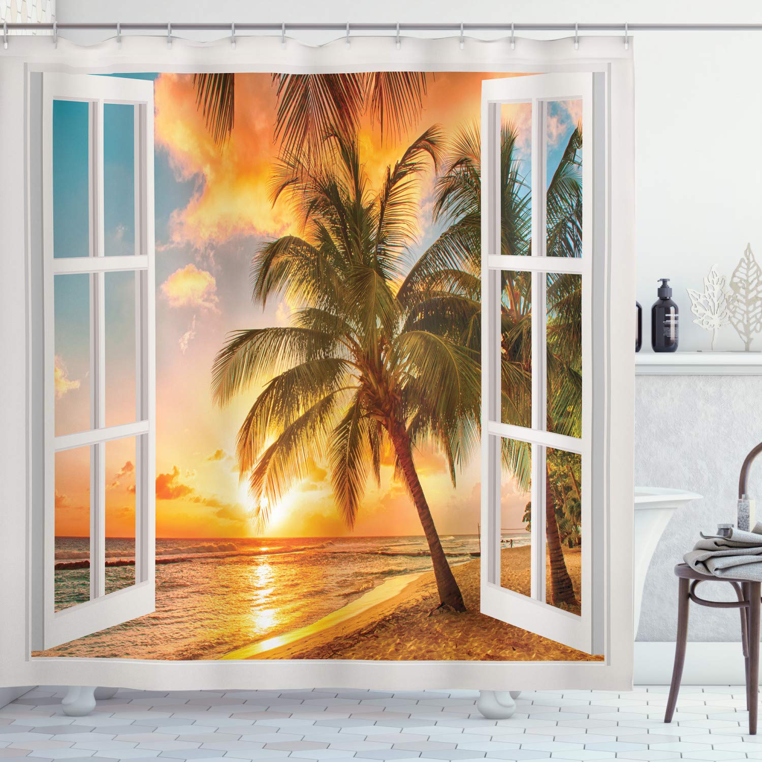 ABAKUHAUS Beach Shower Curtain, Sea Ocean Palm Tree Sunset Scenery House Wooden Windows of Art Pictures, Cloth Fabric Bathroom Decor Set with Hooks, 175 x 200 cm, Orange Multicolor