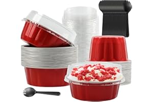 Round Baking Cups With Lids, BAKINGPAK 30PCS 8OZ Mini Aluminum Pans with Lids Mini Cake Pans with Lids Mini Cake Tins Cupcake Liners with Lids Baking Tins With Lids For Mothers Day Gifts Brithday, Red