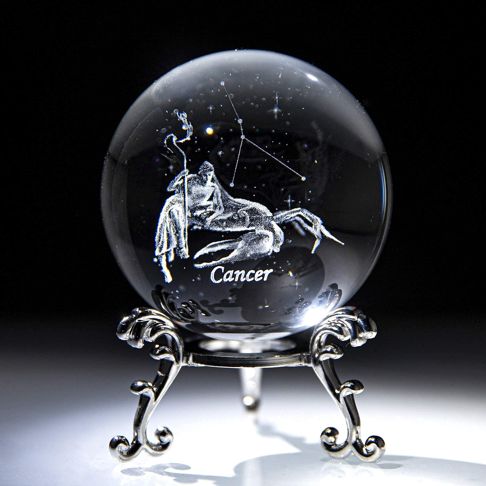 HDCRYSTALGIFTS 60mm Crystal Ball Cancer Constellation Paperweight Fengshui Sliver-Plated Stand Crystal Clear Gift for Cancerian
