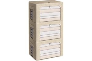 CYhom 3Pack Foldable Storage Bins - Frame Storage Box Linen Fabric Stackable Clothes Container Organizer with Clear Window & Carry Handles Large Capacity (Medium-36L, Beige)