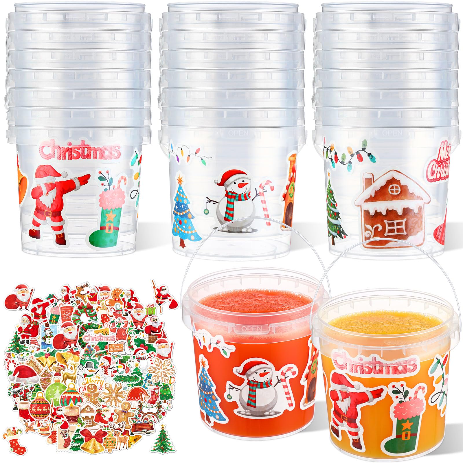 Photo 1 of **PARTIAL SET** PerKoop 20 Pcs 32 oz Ice Cream Buckets with Lids and Handles Clear Cocktail Rum Buckets with Stickers Plastic Transparent Tub Reusable Food Storage Containers for Parties(Santa)