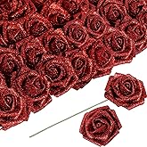 ICBOX Artificial Flowers 30 pcs Red Glitter Roses Artificial Flowers with Stem, 2.36 in/6 cm Glitter Foam Roses Fake Flowers for DIY Wedding Bouquets Party Home Decor(Red)