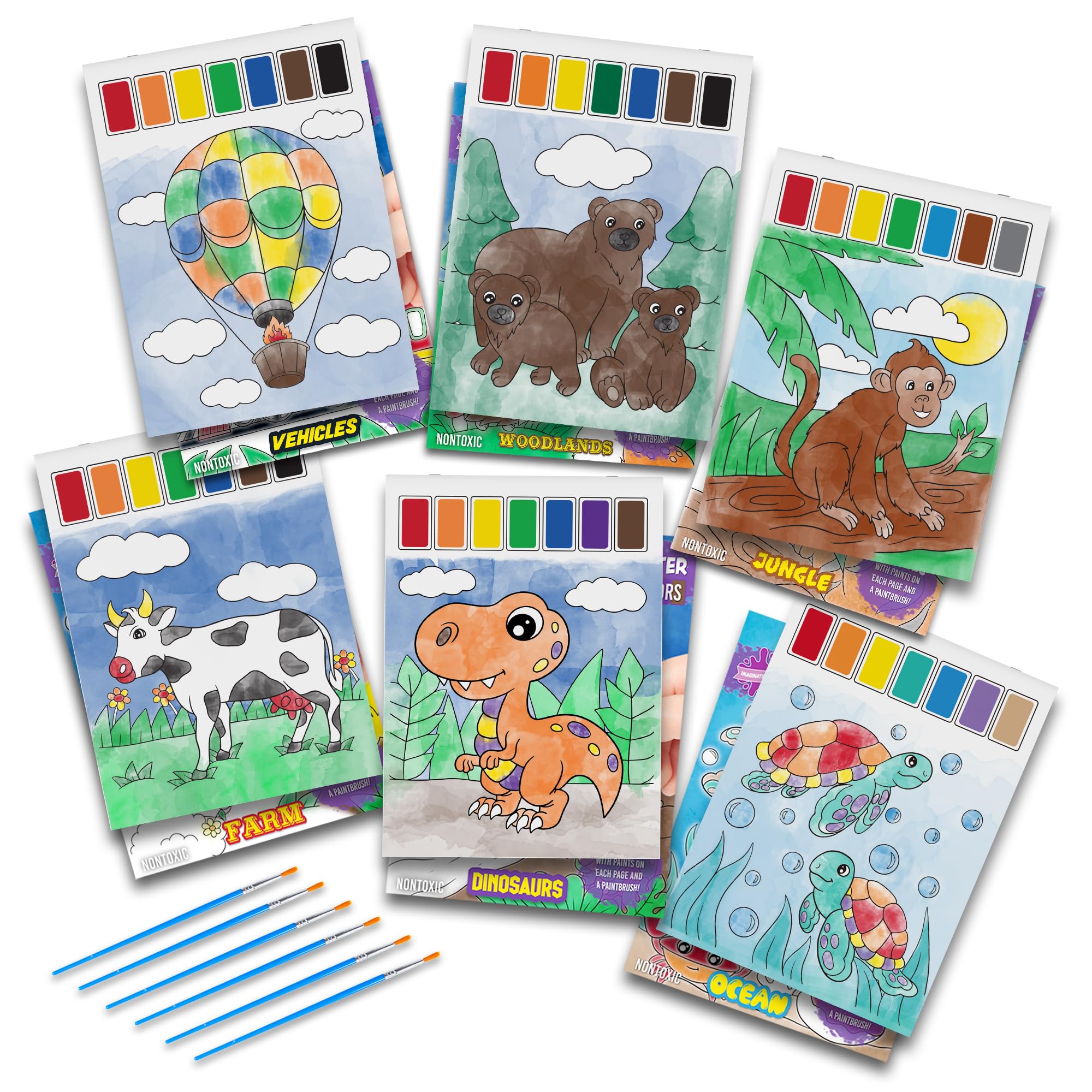Imagination Works Paint with Water Books for Kids, 6 Pack | Watercolor Coloring Book Set for Toddler Activities | Spillproof Kids Paint Palette on Each Page | Airplane Toys & Travel Toys for Kids