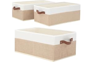 GOWEE Closet Organizer Bins 3 Pack, Large Storage Bins for Shelves, Foldable Closet Storage Boxes Baskets with Leather Handles for Organizing Clothes, Sheets, Jeans, Toys, Books（Begie）