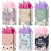 24Pcs Religious Christian Gift Bags Spring Classic Bible Verse Floral Paper Bags Inspirational Motivational Flower Treat Bag with Tissues Christian Church Gifts for Women Wedding Baptism Birthday Part