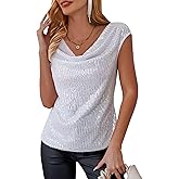 FOLUNSI Womens Sparkly Sequin Tops Cowl Neck Cap Sleeve Glitter Evening Cocktail Blouse Party Shirt