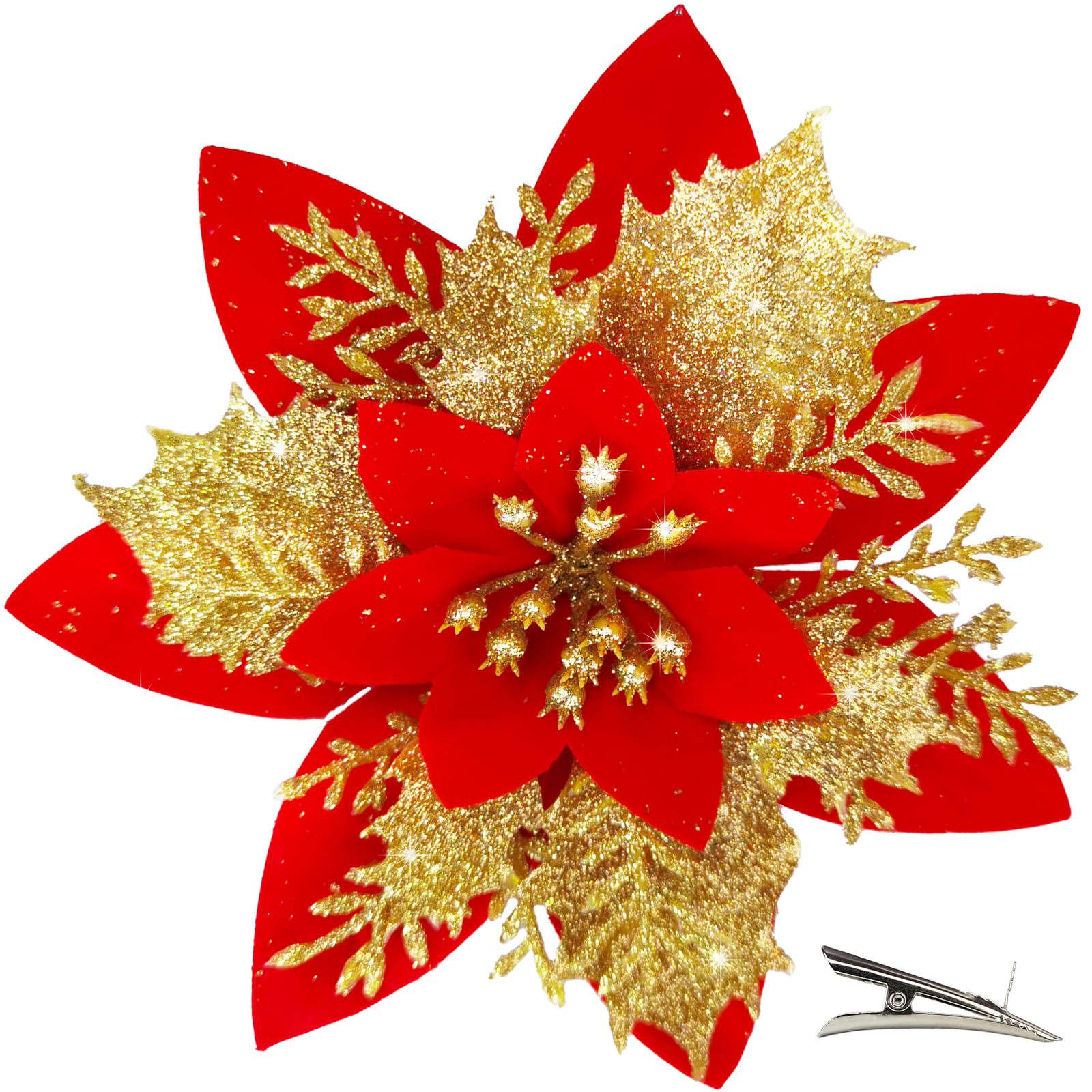 MIKAILE 20PCS Christmas Flowers Artificial with Clip, Poinsettia Christmas Decorations with Glitter for Christmas Tree Decorations Garland Wreaths DIY Ornaments (Gold Red) — image 1