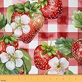 Watercolor Strawberry Fabric by The Yard,Girly Summer Red Fruits Outdoor Fabrics,Rustic Style Botanic Plants Fabric Decor,Pink White Checker Square Indoor Outdoor Fabric,1 Yard,36