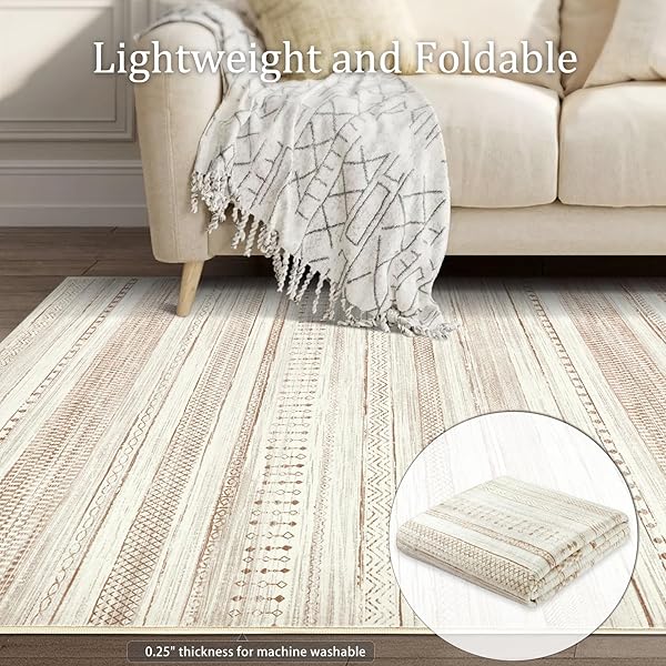 BORAYA AREA RUGS FOR LIVING ROOM: 6X9 WASHABLE BOHO RUG FOR BEDROOM LARGE NEUTRAL BOHEMIAN MOROCCAN FARMHOUSE GEOMETRIC DINING ROOM RUGS ULTRA SOFT FLOOR CARPET INDOOR FOR HOME OFFICE – BROWN