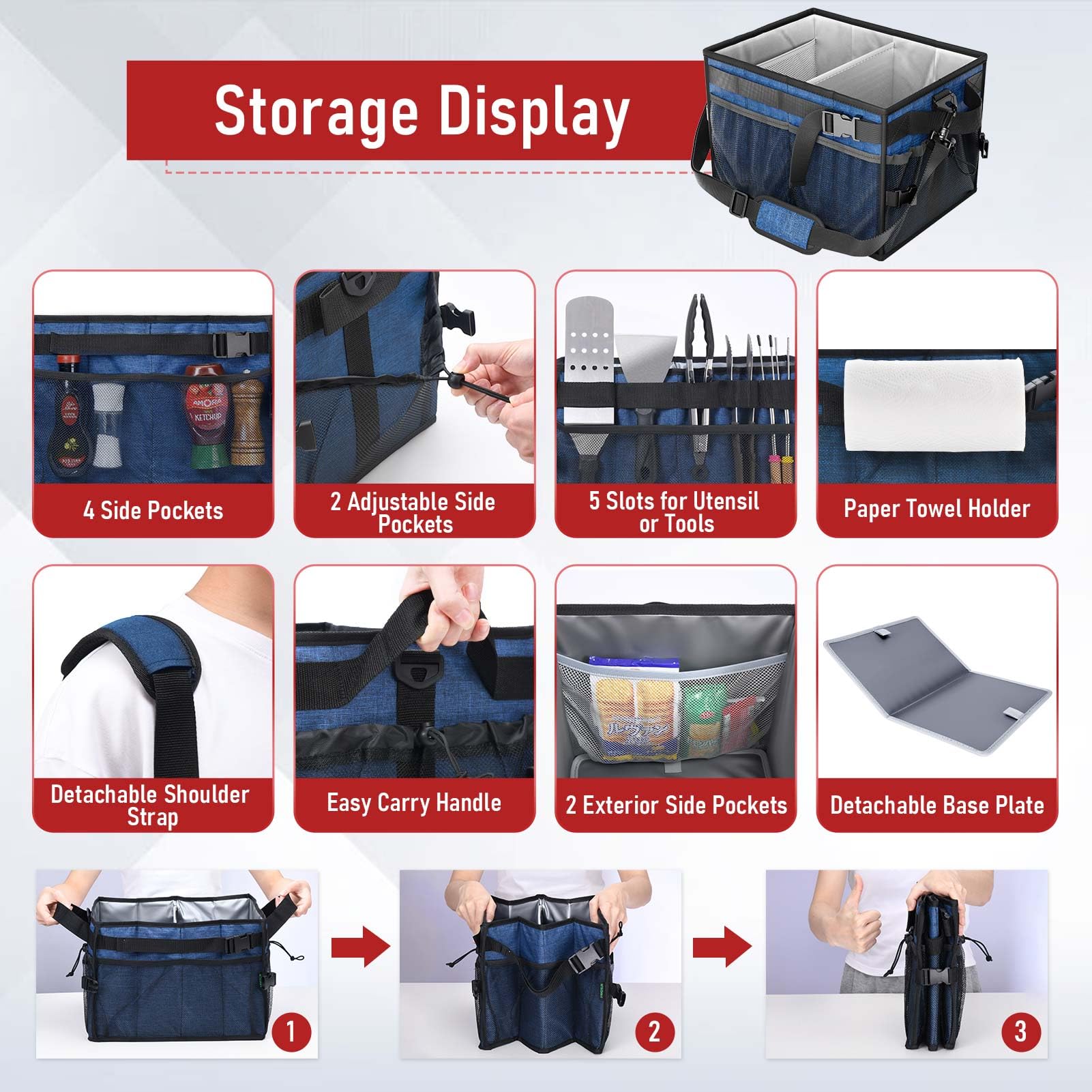 FANGSUN Large Grill and Picnic Caddy with Paper Towel Holder, BBQ Organizer for Utensil, Plate, Condiment, Collapsible & Easy Carry Griddle Caddy, Must Haves for Outdoor, Camper, Travel, Car, RV
