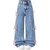 Fulihug Jeans for Girls Baggy Wide Leg Cute Bow High Elastic Waisted Denim Pants Y2K Boyfriend Skater Streetwear 7-14Y