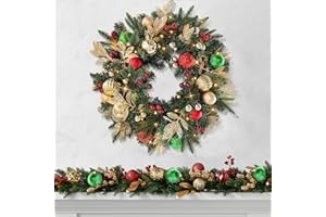 BAYN Christmas Lighted Wreath for Front Door, 28 Inches Pre-Lit 35 LED Lights, Red and Green Classic Artificial Holiday Wreath for Indoor Outdoor Home Decorations