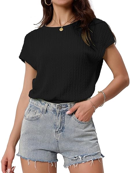 CFLHN BLACK KNIT TOPS FOR WOMEN DRESSY CASUAL BUSINESS OUTFIT CASUAL CAP SLEEVE SWEATER TOP M