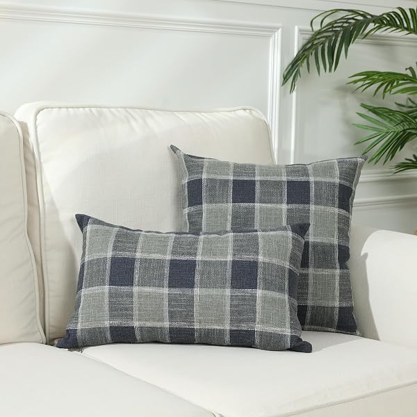 STELLHOME PACK OF 2 LINEN BUFFALO CHECK THROW PILLOW COVERS, FARMHOUSE PLAID DECORATIVE CUSHION COVERS FOR COUCH SOFA LIVING ROOM, 24X24 INCH, DARK GREY