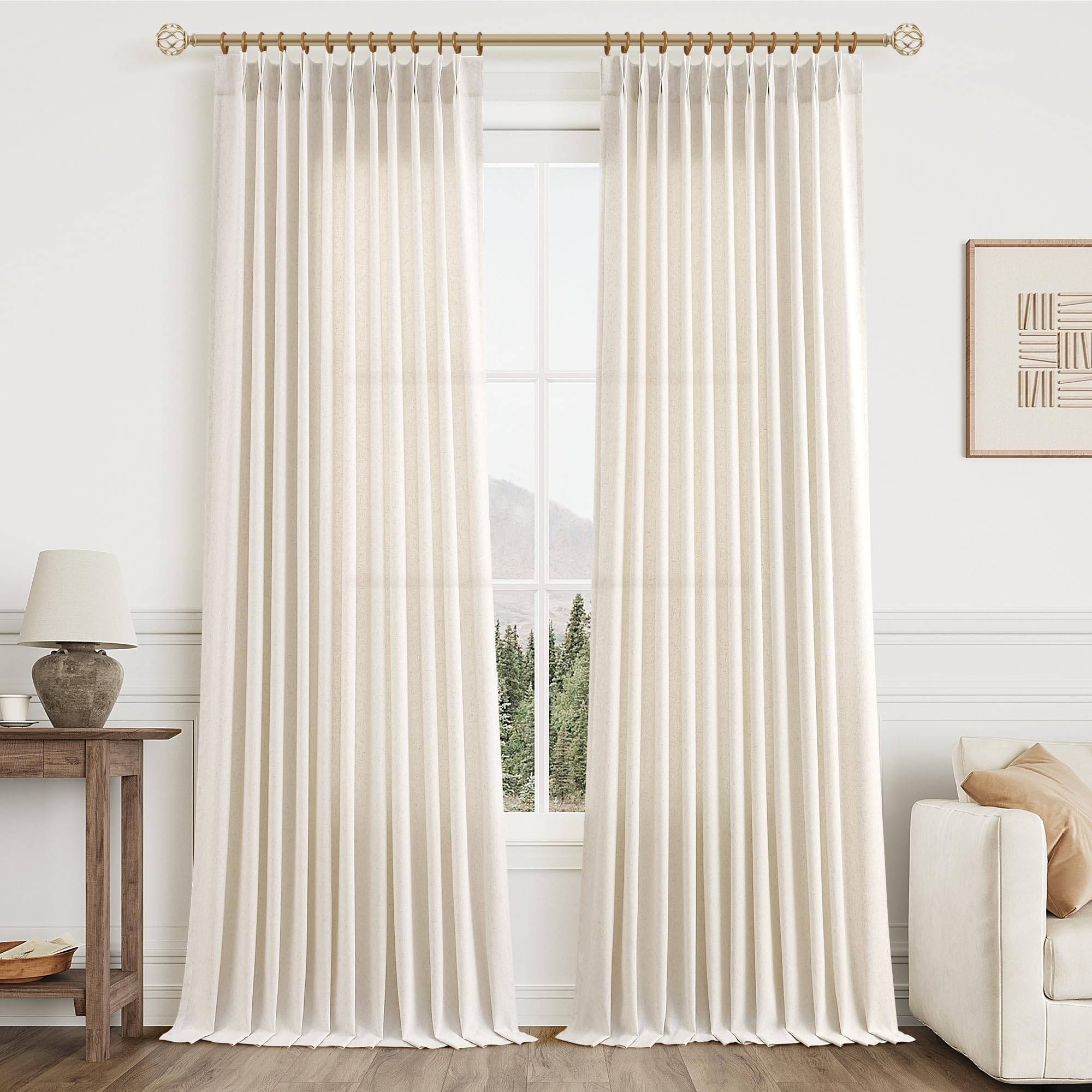 Photo 1 of Aersas Natural Pinch Pleat Linen Curtains 96 Inch Length 2 Panels Set for Bedroom Dining Room Semi Sheer Linen Boho Farmhouse Neutral Window Curtains 96 Inches Long for Living Room Nursery 60x96