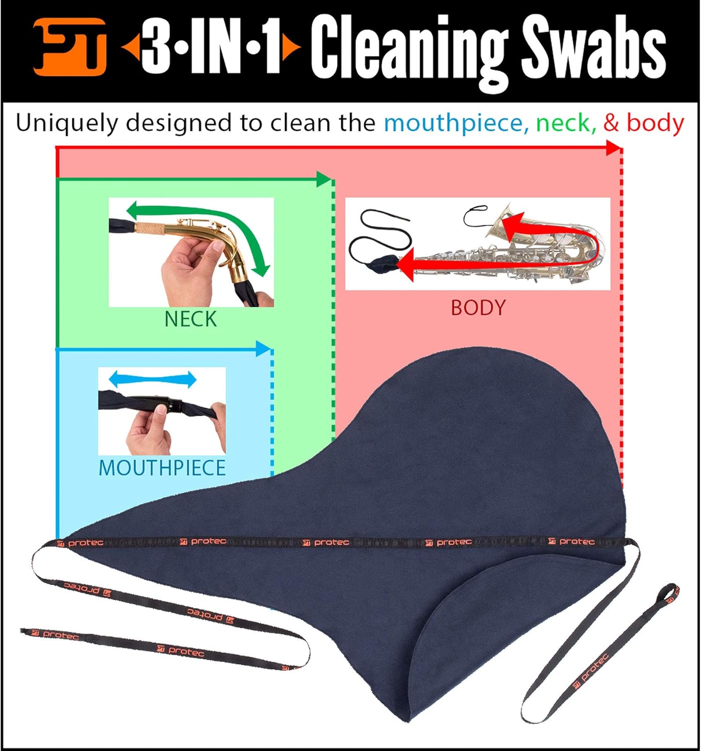 Protec Microfiber Swab for Tenor Saxophone 3-in-1: Mouthpiece, Neck, Body Woodwind Instrument Cleaning And Care Product (A124): Musical Instruments