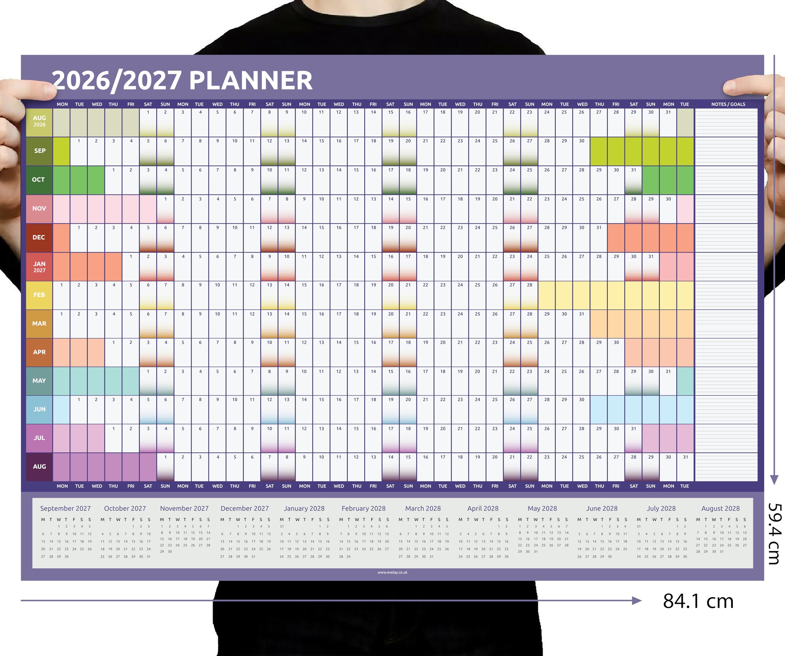 2026 2027 Academic Wall Planner A1 - Mid Year to View UK Calendar, 84cm x 59cm - Large School Teacher Student Yearly Chart Organiser (Rainbow)