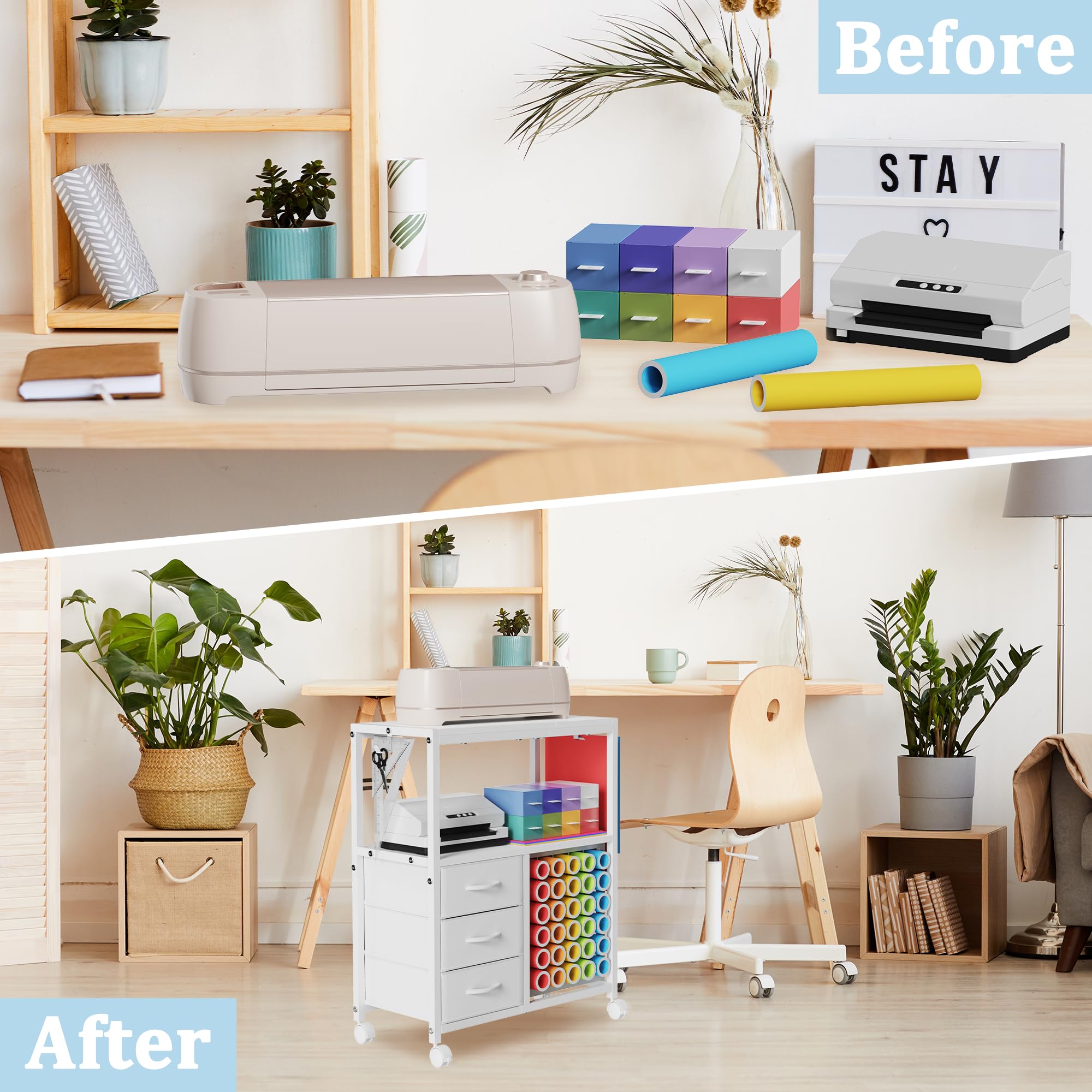 30 Vinyl Roll Holders for Cricut Cart, Rolling Craft Cart with 3 Fabric Drawer, Craft Organization and Storage Compatible with Cricut Maker Machine, Crafting Table Workstation, White, Patent Pending