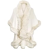 ZLYC Women Fine Knit Open Front Faux Fur Trim Layers Poncho Cape Cardigan Sweater
